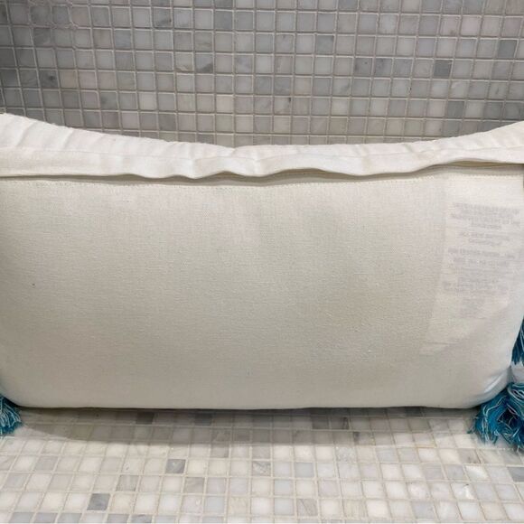 Pier One Lumbar Teal White Pillow with Tassels - Picture 6 of 9